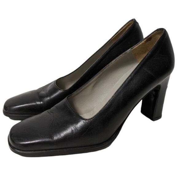 ZARA WOMAN Leather Minimalist Square Toe Stacked Heels 38 - Picture 4 of 11